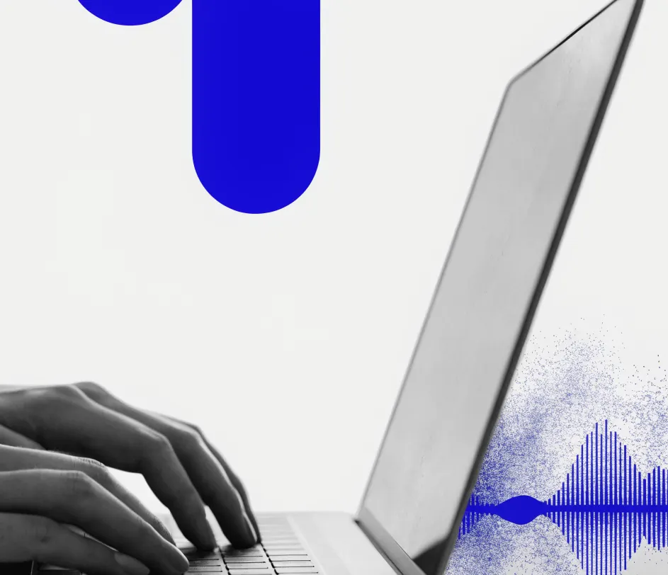 A stream of glowing text-like particles flowing into a condenser microphone and transforming into a nascent sound wave, deep blue and violet ambient studio lighting