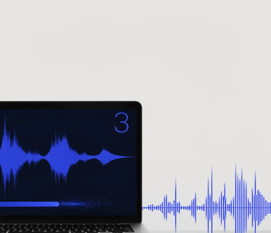 A fully rendered glowing audio waveform radiating triumphant light particles against a deep blue and violet background, conveying a completed high-quality generation