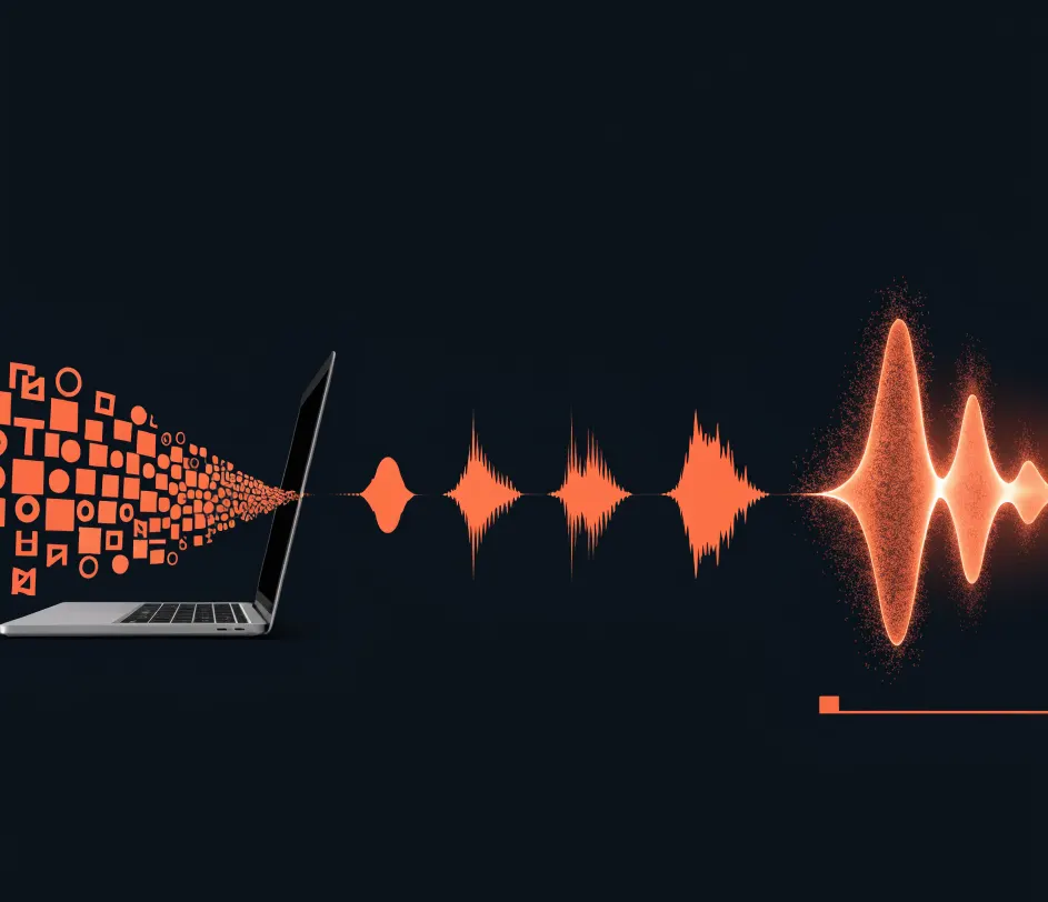 A cinematic three-stage journey of a sound wave — a quiet script-like pattern of glowing particles on the left, a vibrant spectrum of character voice colors in the center, and a fully rendered finished waveform on the right, connected by a flowing glowing sound wave ribbon