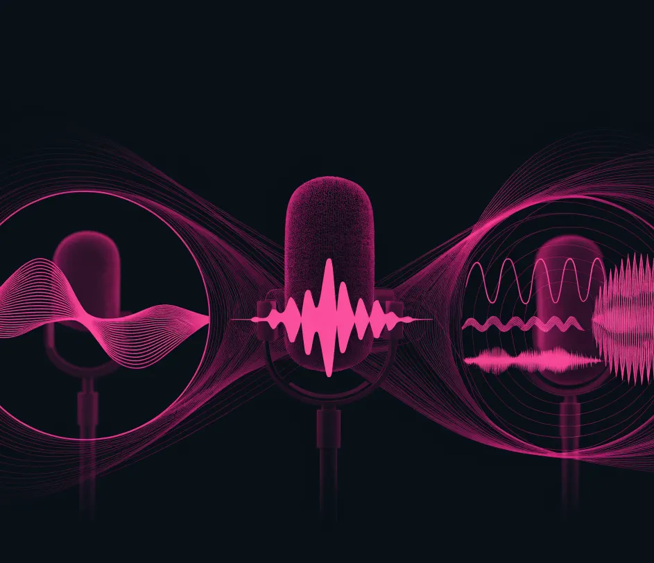 A wide horizontal showcase of three glowing sound wave streams of different colors flowing side by side, each with its own microphone and distinct waveform character, unified by deep blue and violet ambient atmosphere
