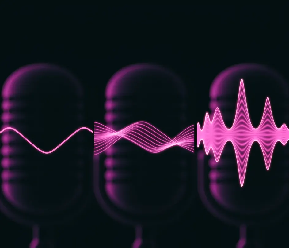 Side-by-side comparison of three audio waveforms of increasing richness and detail from left to right — a simple clean waveform, a richer multi-layered waveform, and a highly detailed premium waveform — each rising from its own microphone