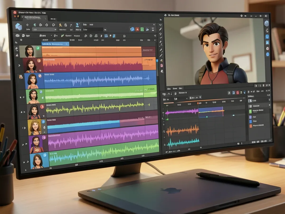 Animation timeline with character lip-sync tracks synchronized to ai voices characters audio clips rendered at forty-eight kilohertz