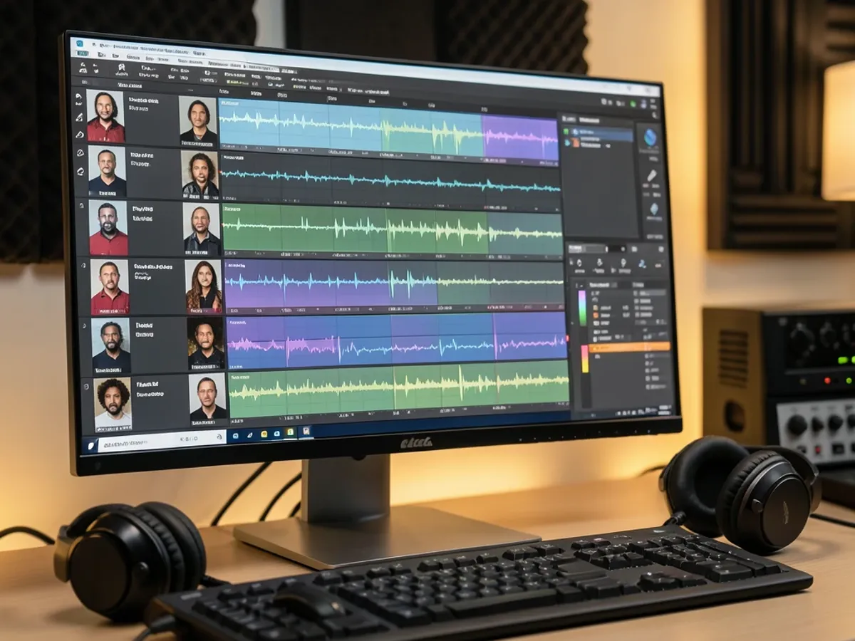 Audiobook production workspace showing fifteen character voice tracks organized by chapter, each rendered by the ai voice character generator at broadcast quality