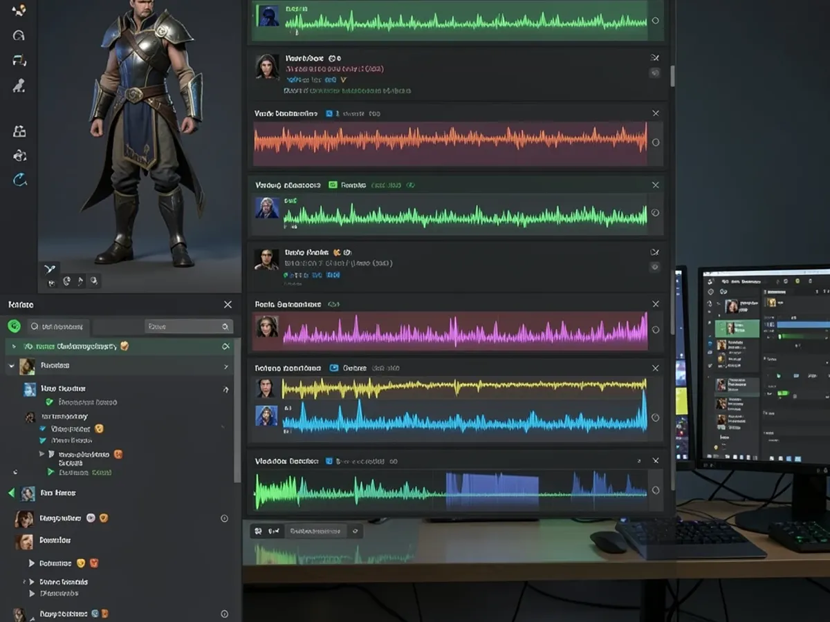 Game engine viewport showing multiple NPC dialogue tracks each assigned to a different character ai voice preset with waveform previews