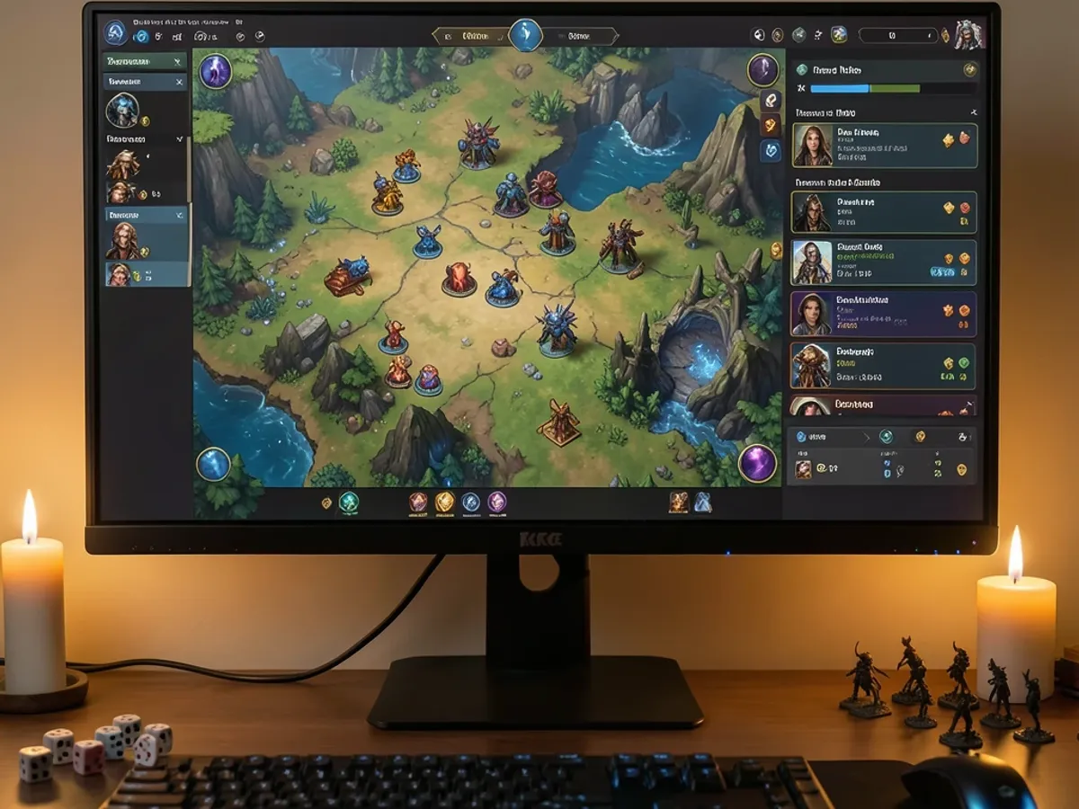 Tabletop RPG virtual tabletop interface with character tokens linked to ai character voice audio files queued in a soundboard panel