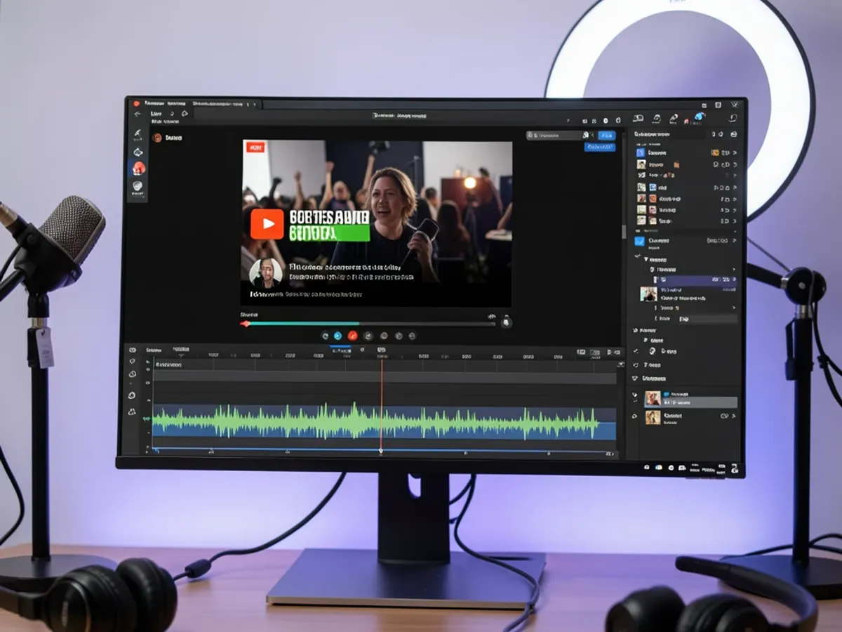 Video editing software showing a narration track generated by character voice ai with text-to-speech markers visible on the timeline