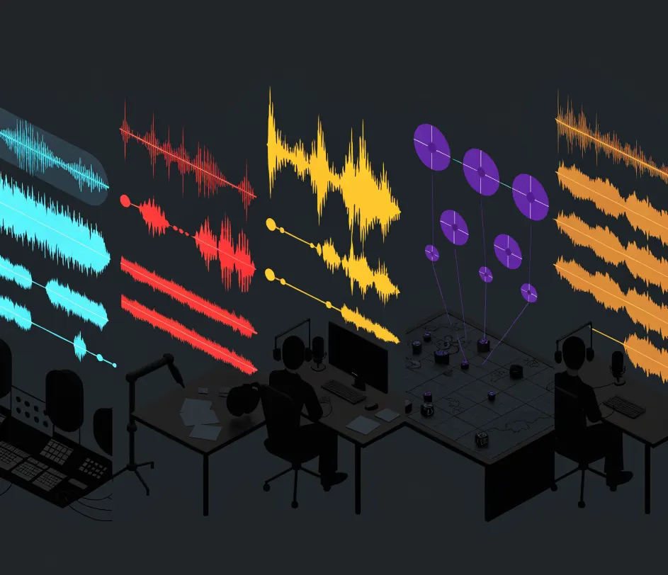 A streaming studio atmosphere with multiple glowing sound wave ribbons of different colors floating around a central condenser microphone, each ribbon representing a different character voice project, deep blue and violet ambient lighting
