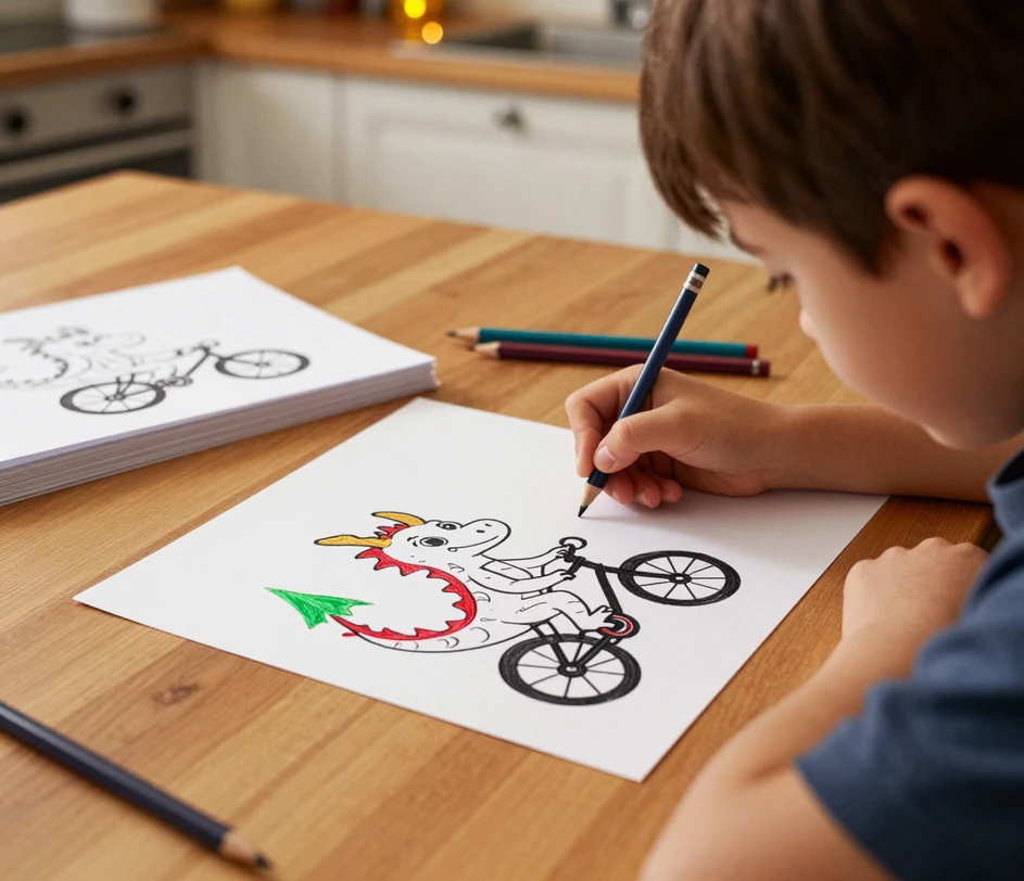 Uma criança alegre colorindo uma página recém-impressa gerada com IA na mesa da cozinha, com uma pilha organizada de páginas em line art e lápis de cor ao alcance