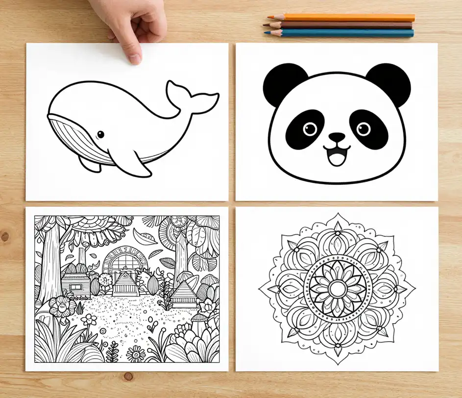 Quatro páginas de colorir impressas dispostas lado a lado comparando estilos, de contornos grossos para crianças pequenas a um mandala simétrico, com uma mão alcançando a página kawaii