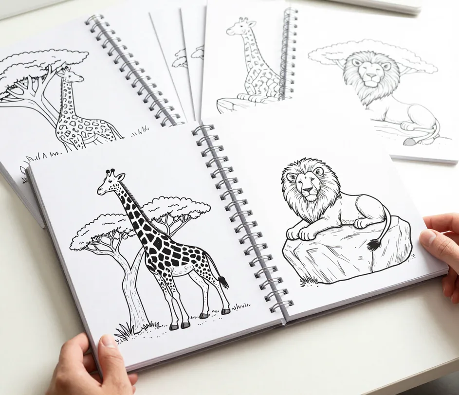 Um caderno de colorir em espiral aberto sobre uma escrivaninha mostrando um lote de páginas com tema de safari, com espessura de linha consistente e composições únicas página após página