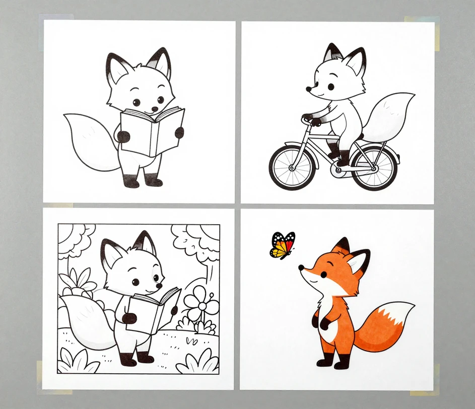 O mesmo personagem de raposa simpático aparecendo em quatro páginas de colorir diferentes com espessura de linha e proporções idênticas, demonstrando consistência de estilo fixado