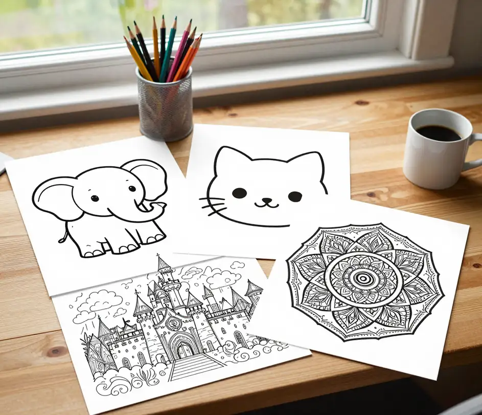 Um espaço de trabalho criativo aconchegante com páginas de colorir impressas em quatro estilos espalhadas — simples, kawaii, detalhado e mandala — ao lado de lápis de cor e uma xícara de café