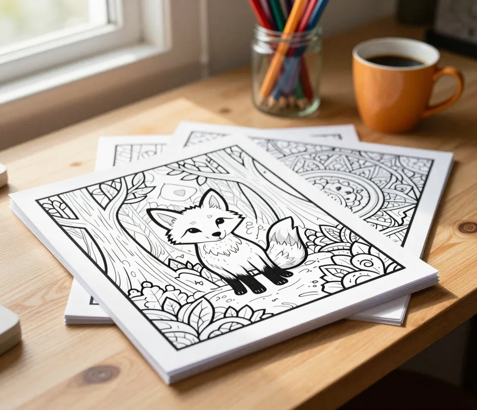 Uma pilha organizada de páginas de livro de colorir prontas em preto e branco sobre uma escrivaninha de madeira clara, ao lado de um pote de lápis de cor e uma xícara de café quente, contornos limpos e marcados sobre fundos branco puro prontos para imprimir