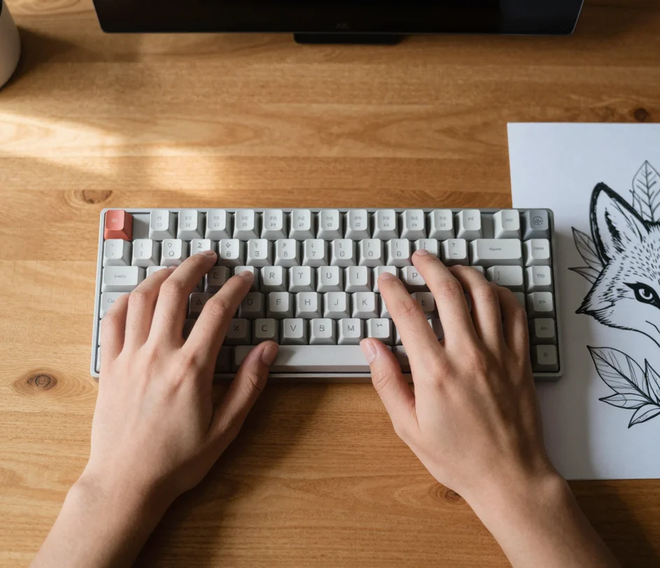 Recorte superior de mãos digitando em um teclado externo na luz da manhã, o canto de uma página de colorir em line art de raposa visível ao lado sobre a escrivaninha quente de madeira