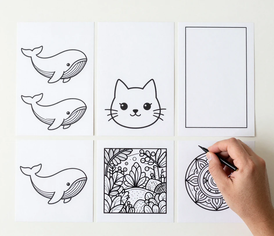 Uma mão pairando sobre quatro cartões impressos de amostras de estilo, de contornos simples a um mandala simétrico, com três retângulos de papel em branco nos formatos quadrado, retrato e alongado