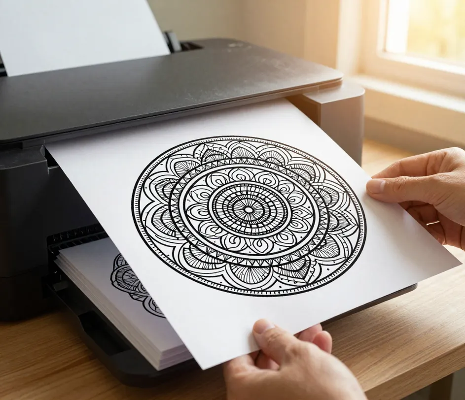 Uma página de mandala pronta sendo retirada da bandeja de uma impressora doméstica, linhas pretas nítidas no papel branco prontas para colorir