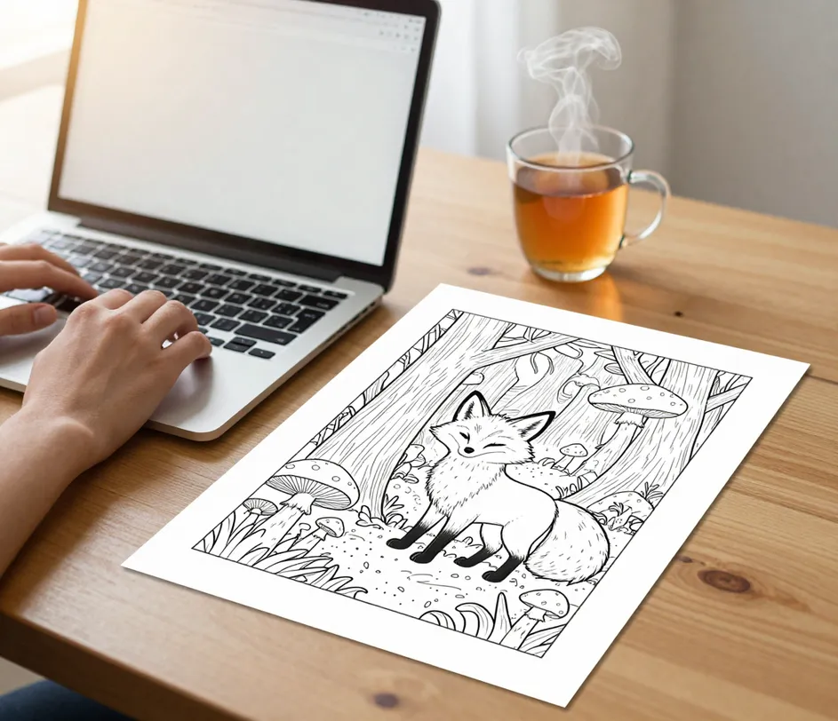 Mãos apoiadas no teclado de um notebook com a tela virada para o outro lado, uma página de colorir de raposa recém-impressa em line art limpo ao lado do teclado na suave luz da manhã