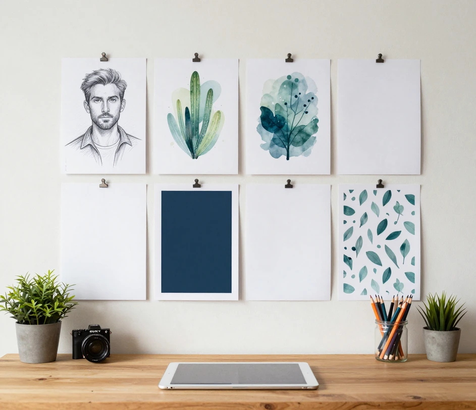 Uma parede de moodboard com impressões de diferentes ferramentas de imagem com IA — esboços, ilustrações e padrões — fixadas acima de uma escrivaninha com um tablet