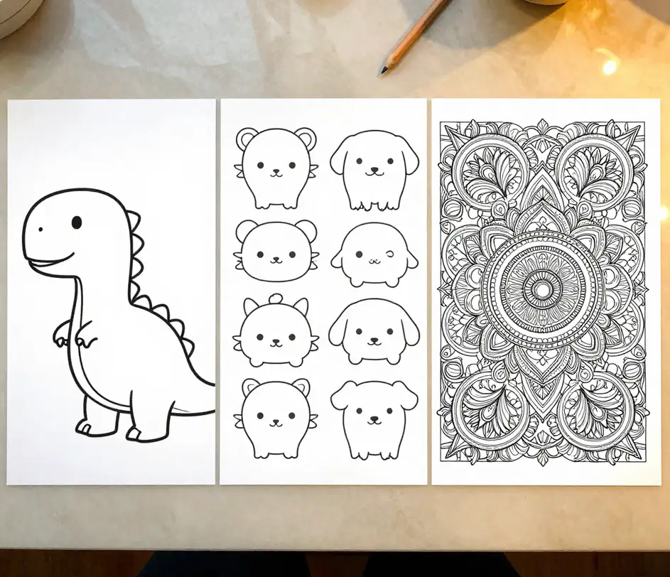 Três páginas de livro de colorir exibidas lado a lado sobre uma mesa de artesanato em níveis crescentes de detalhe, de contornos grossos e simples para crianças pequenas a um mandala intrincado com linhas finas