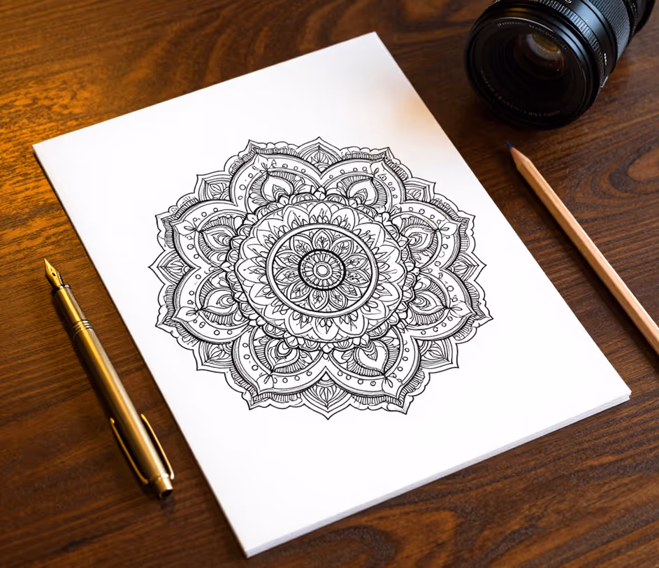 Uma página de livro de colorir para adultos intrincada com um mandala simétrico ornamentado de linhas finas e rico detalhe decorativo sobre fundo branco puro, pronta para impressão em 4K