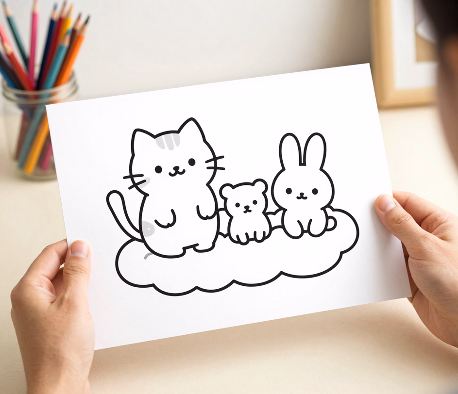 Uma página de livro de colorir em estilo kawaii com formas animais arredondadas e fofas e contornos fechados e limpos de detalhamento médio sobre fundo branco puro
