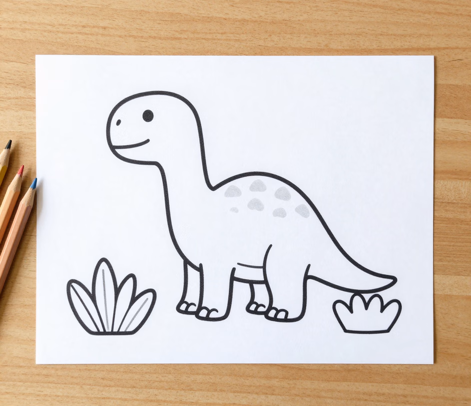 Uma página de livro de colorir simples com um dinossauro simpático desenhado com contornos pretos grossos e grandes áreas abertas para colorir sobre fundo branco puro