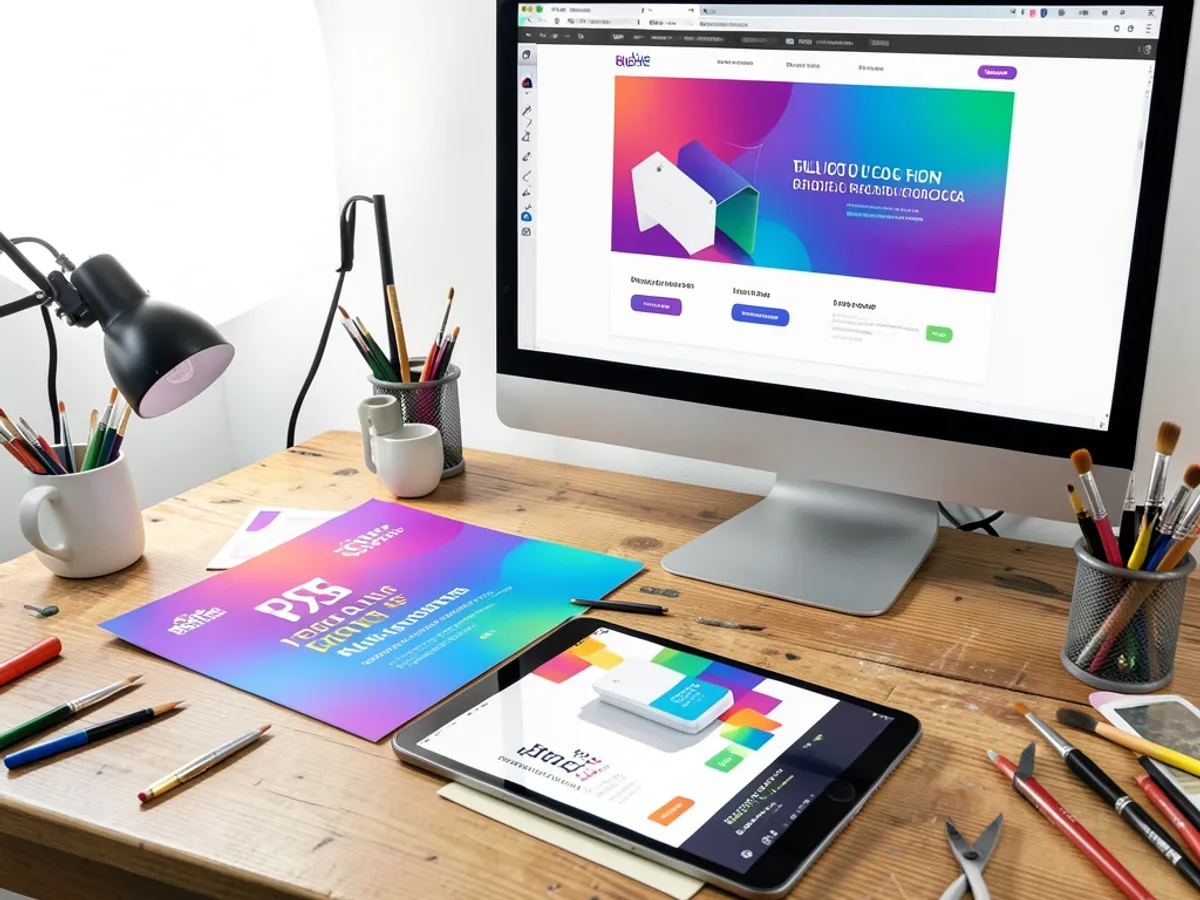 KI-generierte Design-Showcase mit einem gebrandeten Flyer, Produkt-Mockup und Web-Banner, erstellt aus Texteingaben in verschiedenen visuellen Stilen