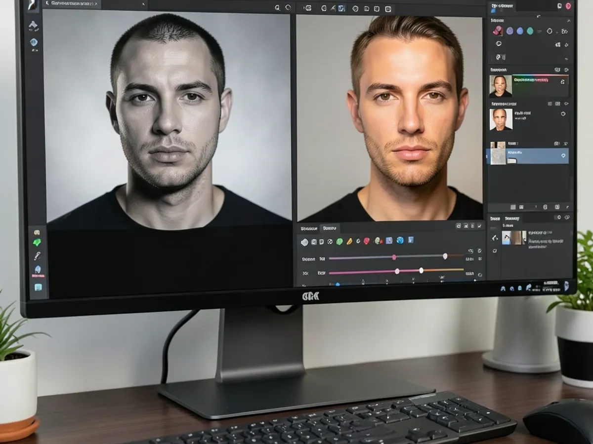 KI-Fotobearbeitungsoberfläche mit Vorher-Nachher-Ergebnissen: korrigierte Farbbalance, entfernter Hintergrund und verbesserte Porträtretusche