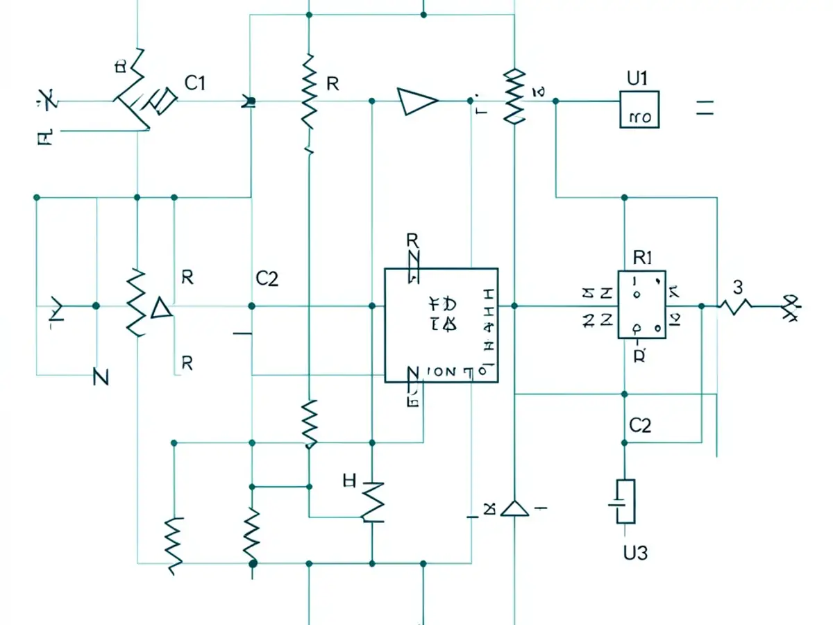 AI-generated circuit schematic showing IEEE symbols for resistors, capacitors, op-amps, and ICs connected by neatly routed traces with reference designators on a clean white background