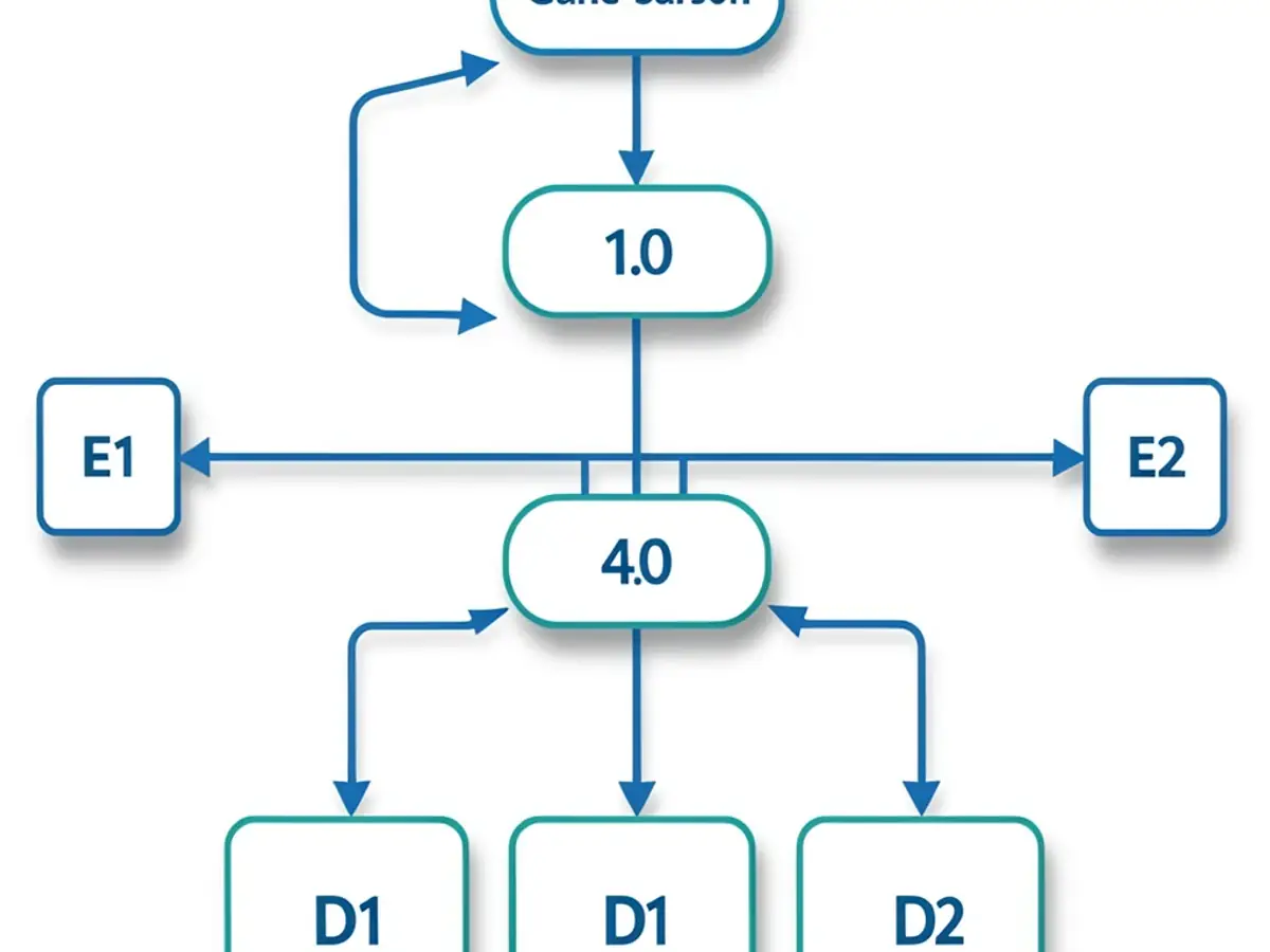 AI-generated data flow diagram with rounded process bubbles numbered 1.0 through 4.0, labeled data stores, and blue arrows showing data movement between sources, processes, and sinks on a clean white background