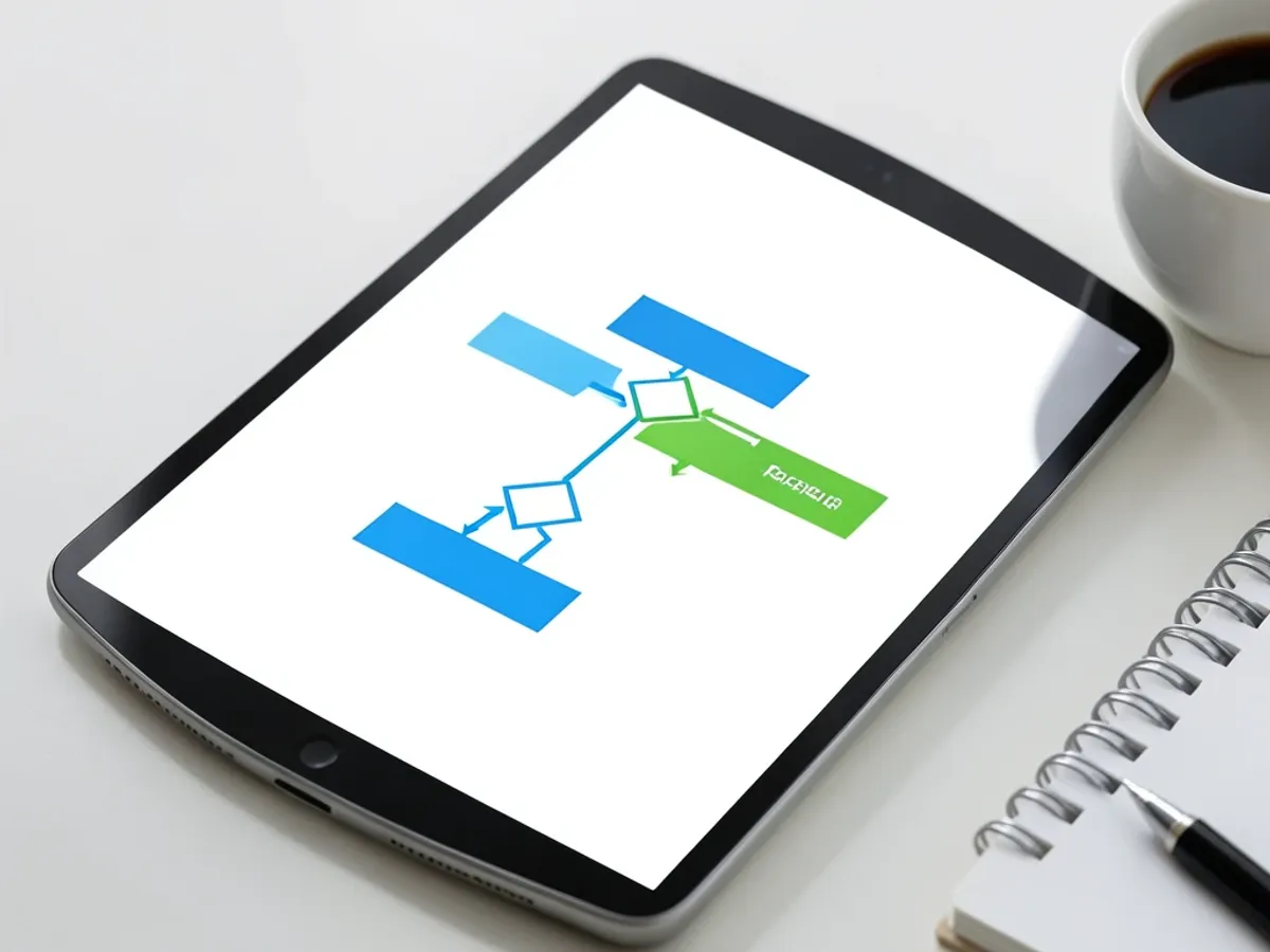 KI-generiertes Flussdiagramm mit einem Entscheidungsbaum aus Prozessboxen, rautenförmigen Entscheidungsknoten und verlegten Verbindern in einem sauberen horizontalen Layout