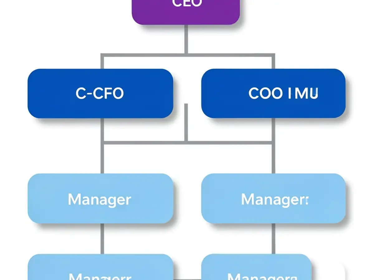 AI-generated organizational chart displaying a four-tier company hierarchy with CEO at the apex and department-based color coding