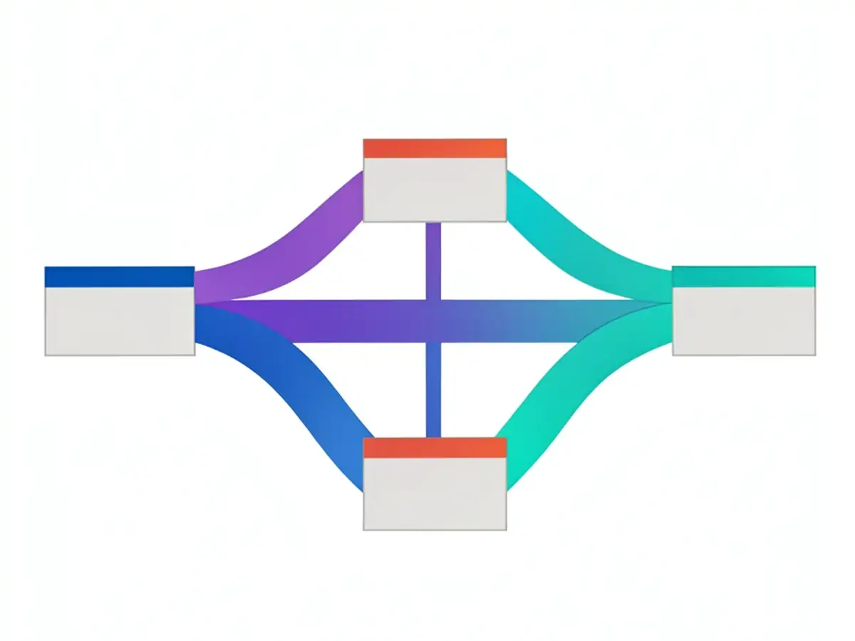 AI-generated Sankey diagram showing proportional flow bands connecting labeled source and target nodes across multiple stages