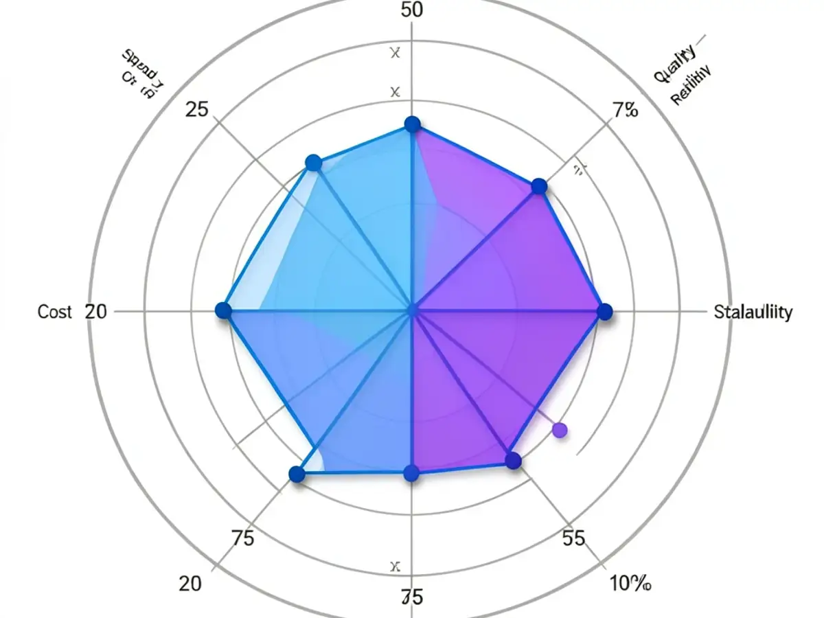 AI-generated radar chart on a white background showing a five-axis performance comparison with two overlapping blue and purple data polygons, vertex markers, and concentric gray grid rings as reference scales