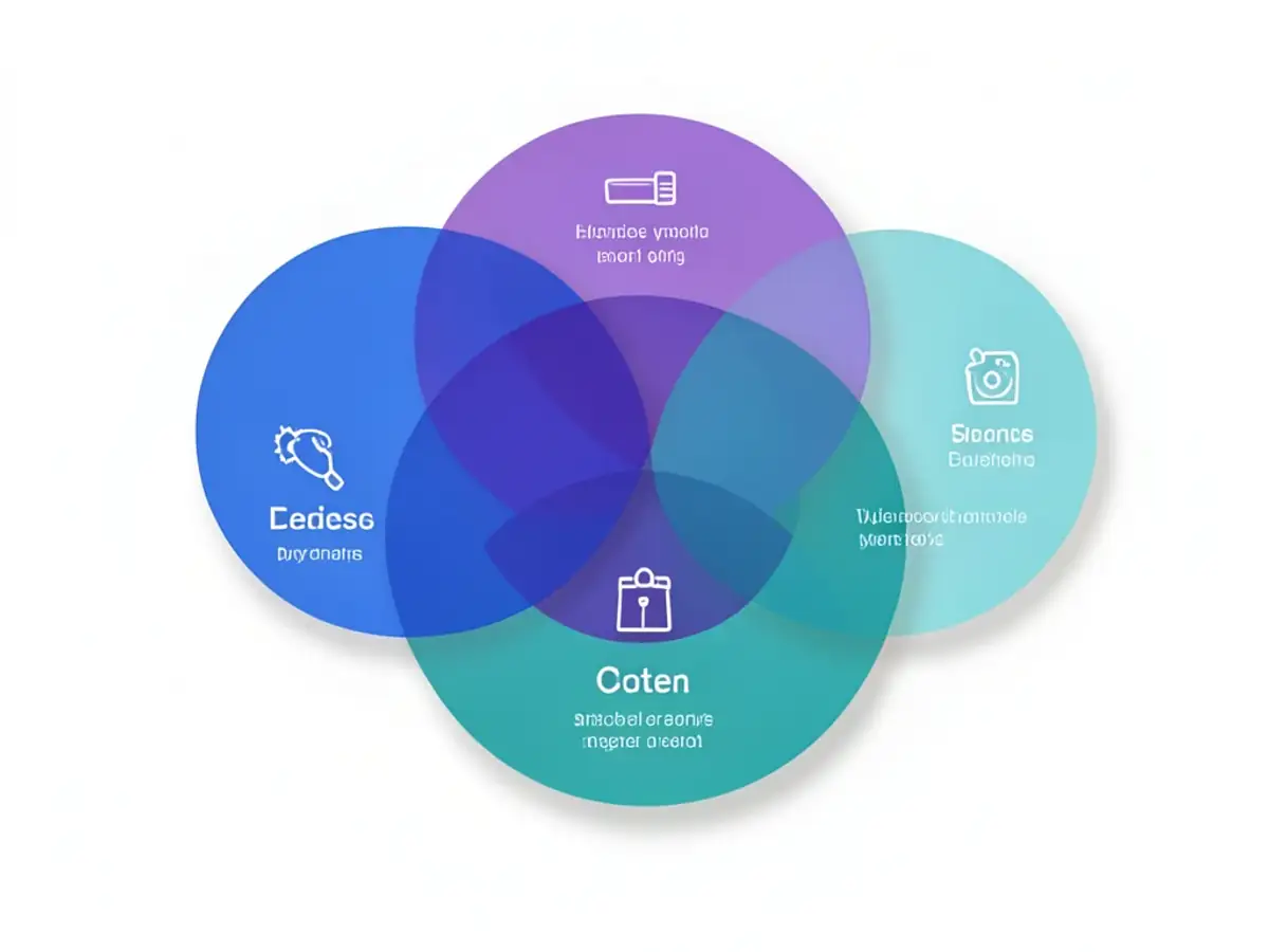 AI-generated three-circle Venn diagram with blue, purple, and teal overlapping circles showing distinct intersection regions and labels on a clean white background