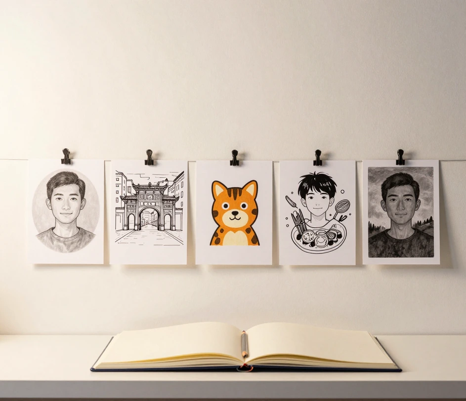 A bright studio shelf displaying a row of finished AI-generated drawings in six different hand-drawn styles, from pencil to charcoal, with a blank sketchbook waiting at the end of the row