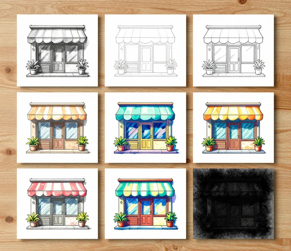 The same storefront photo rendered six ways on small sketch cards arranged in one row: soft graphite pencil sketch, minimal ink line art, crisp anime illustration, bold cartoon, colorful marker drawing, and smudged charcoal