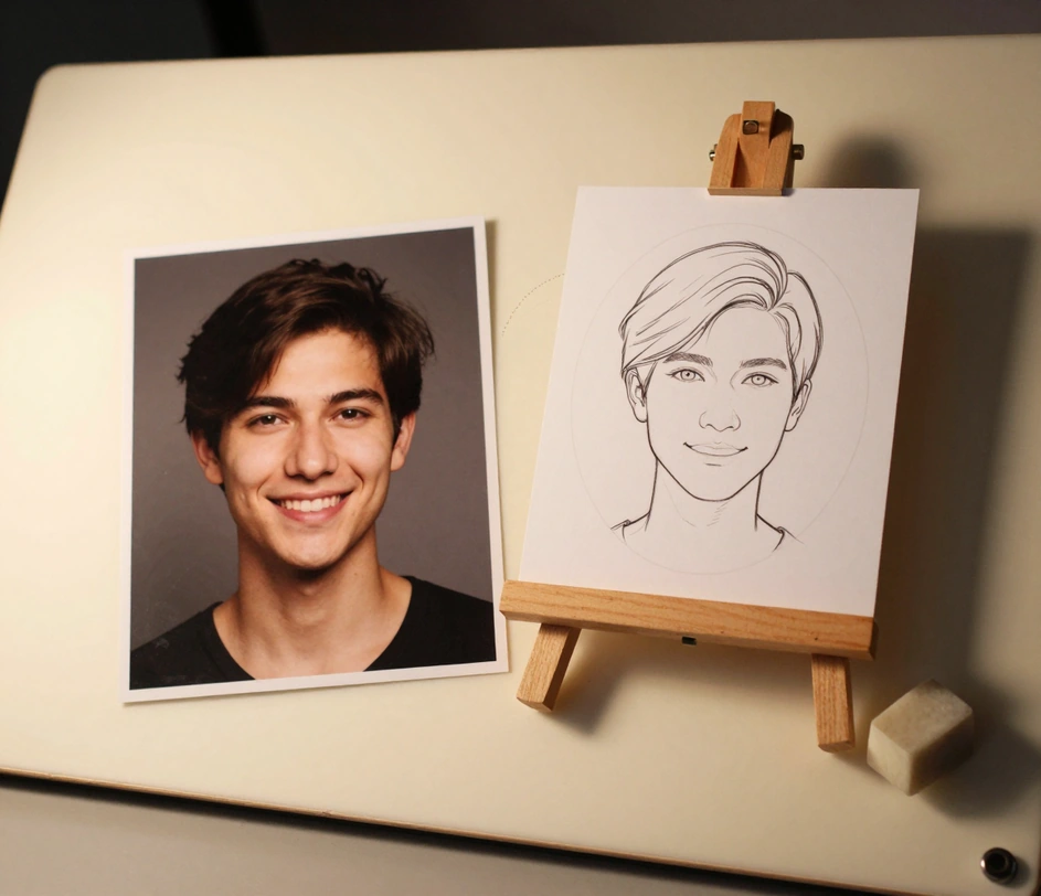 A printed portrait photograph lying on a drawing board beside the same face reborn as an ink line drawing on a small easel, connected by a soft dotted arc of light