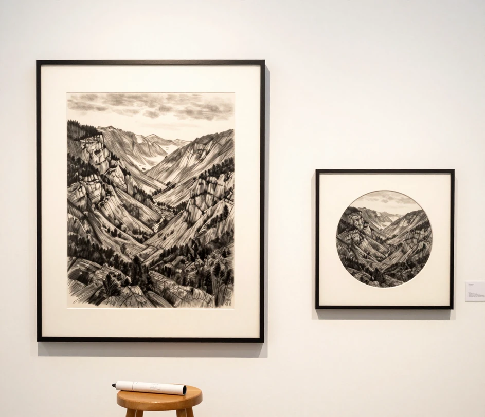 A framed charcoal drawing hanging above a work desk with a resolution overlay reading 3072 px, beside a smaller framed companion print marked 2048 px, both showing crisp line detail at print scale