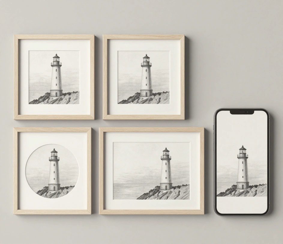 Five empty picture frames arranged in a row showing the five supported aspect ratios, each frame filled with the same lighthouse scene drawn in pencil, cropped from square to tall vertical to wide cinematic