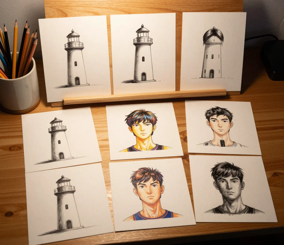 A wooden desk with a pencil cup beside six drawing-tool swatch cards — graphite pencil, ink pen, anime marker, cartoon brush, alcohol marker, and charcoal stick — each card showing a small sample stroke, one card raised under a warm highlight