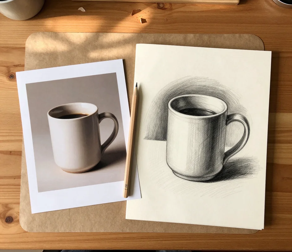 A flat-lay desk scene where a printed product photo sits beside the same shot redrawn as a detailed graphite pencil illustration with soft tonal shading, a pencil resting across both and sketchbook paper texture underneath