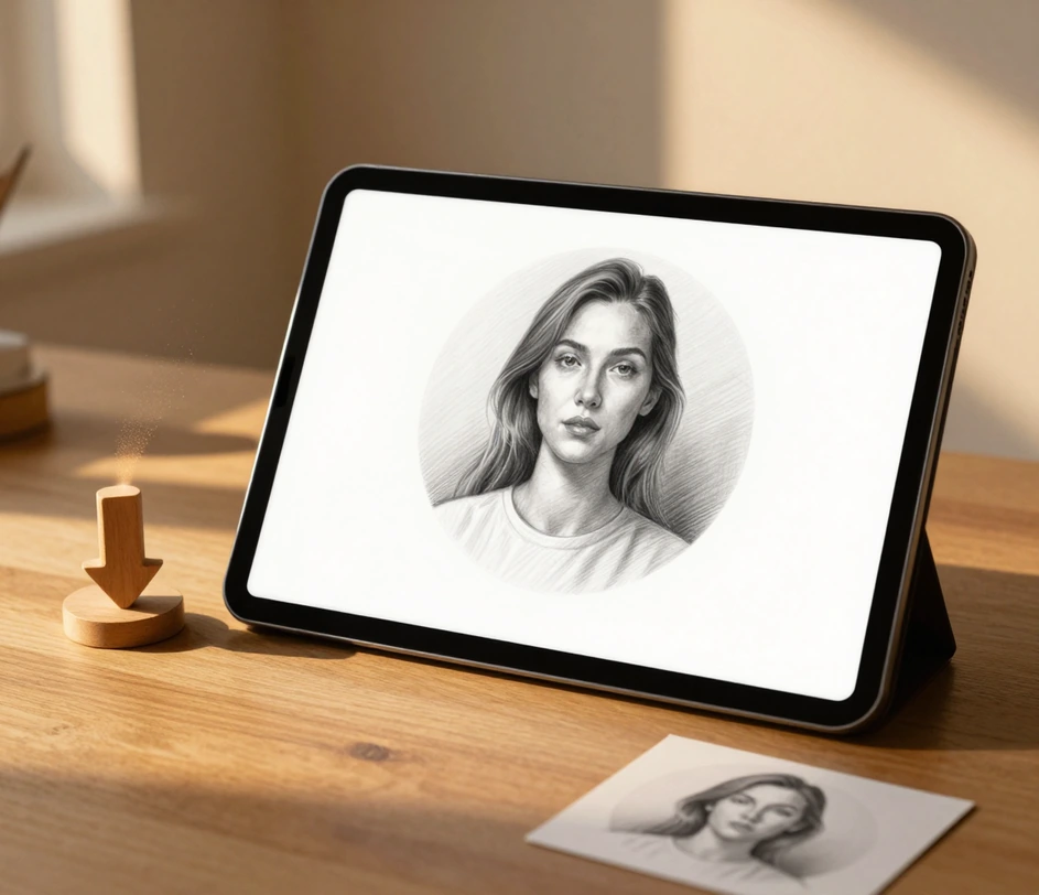 A finished pencil-style drawing of a coffee cup displayed on screen with a download button beneath it and a 3K resolution badge in the corner