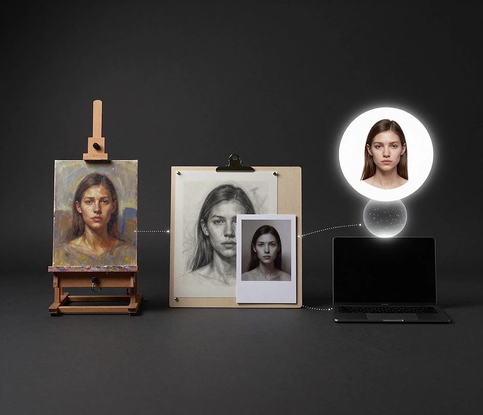 A horizontal strip of three tool preview cards showing a painting generator easel, a pencil sketch generator, and a text-to-image interface, connected by a subtle dotted line