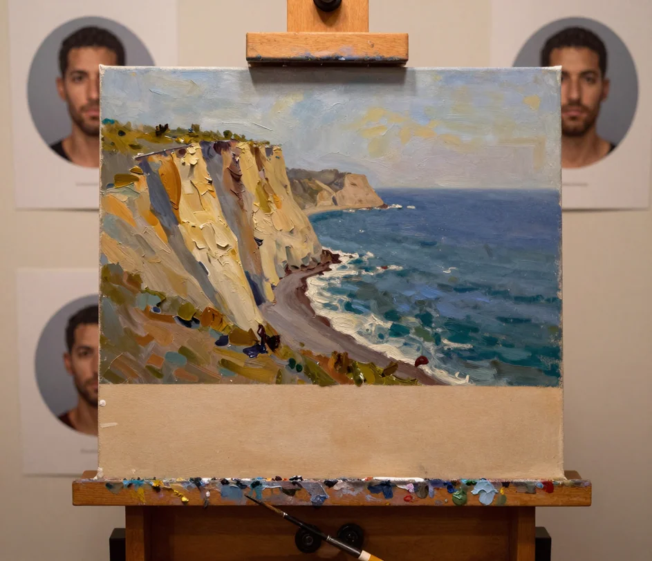 An AI painting generator preview showing an easel with a half-finished canvas and a visible brushstroke texture close-up panel