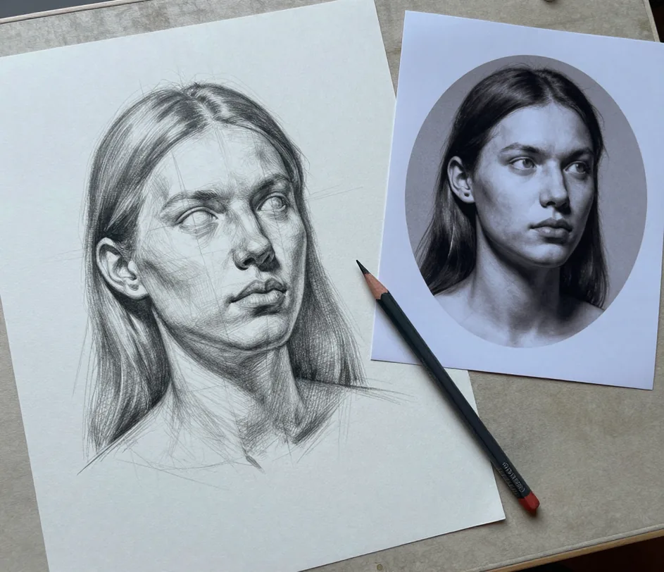An AI sketch generator preview showing a graphite sketch portrait beside its photo reference with visible pencil hatching