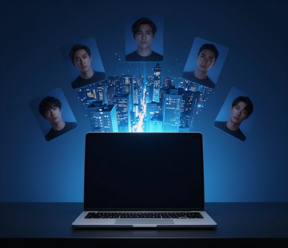 A sleek laptop with a dark blank screen beneath a holographic photorealistic blue-hour cityscape materializing above it, a ribbon of light flowing from the screen up into the floating image