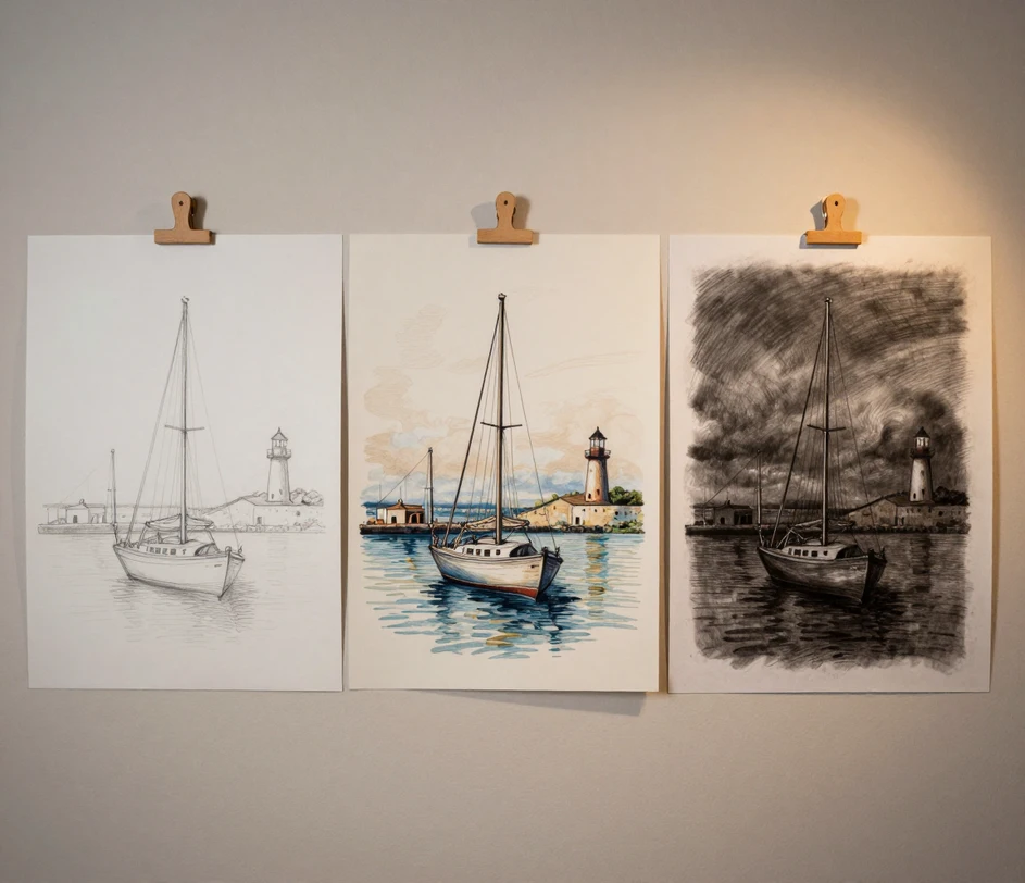 Three sketchbook pages pinned side by side on a studio wall, showing the same harbor scene progressed from a quick pencil outline to a detailed ink and marker drawing to a gallery-grade charcoal piece, each page marked with ascending quality badges