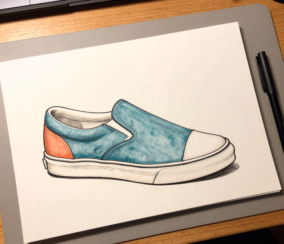 A detailed ink line art and marker illustration of a sneaker with confident strokes, layered color fills, and bleed edges, illustrating the Pro tier's richer linework