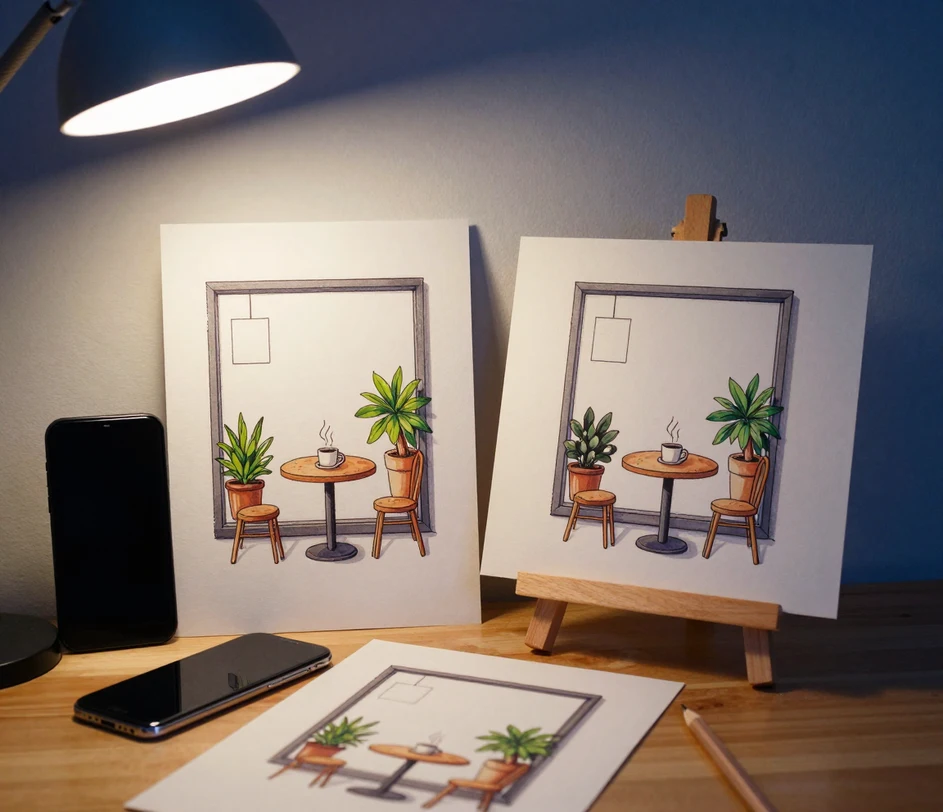A printed vertical marker-style drawing of a café corner beside a square anime-style illustration on a small easel, both ready to post to social feeds
